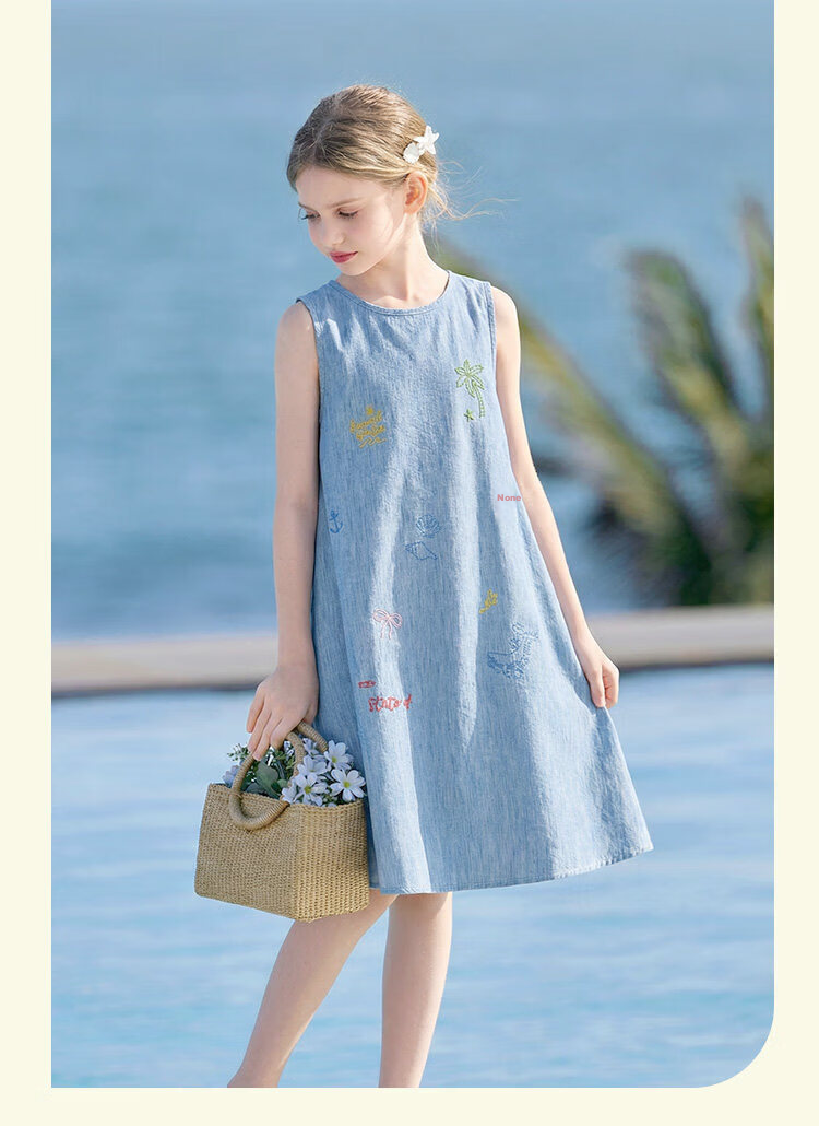 CHANZUIGOU Girls' Tencel Linen Denim Dress 2026 Summer New Elegant Printed Sleeveless Dress 20